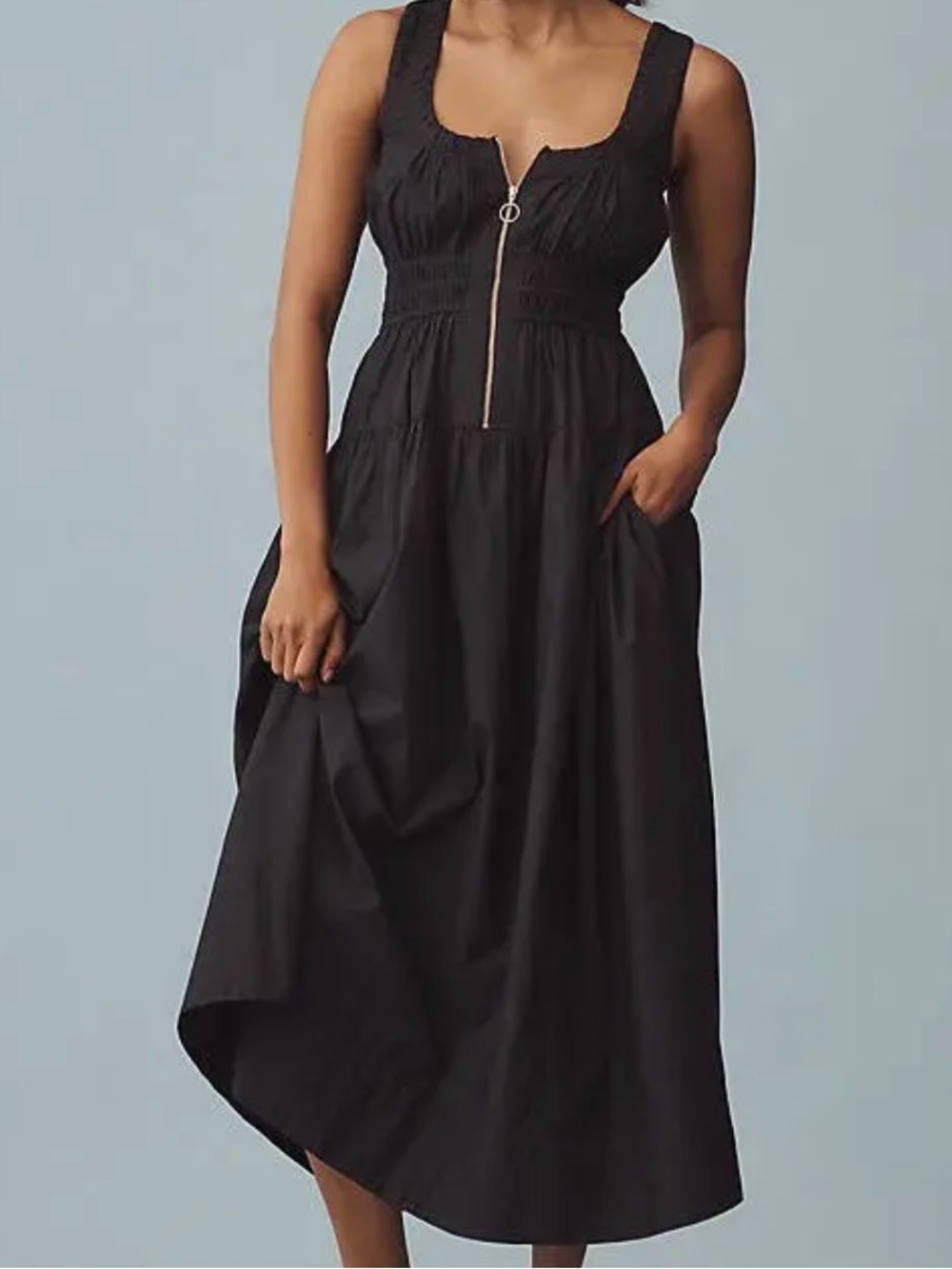 ANTHROPOLOGY COTTON SCOOP-NECK SMOCKED POPLIN MIDI DRESS SIZE L - Picture 1 of 13